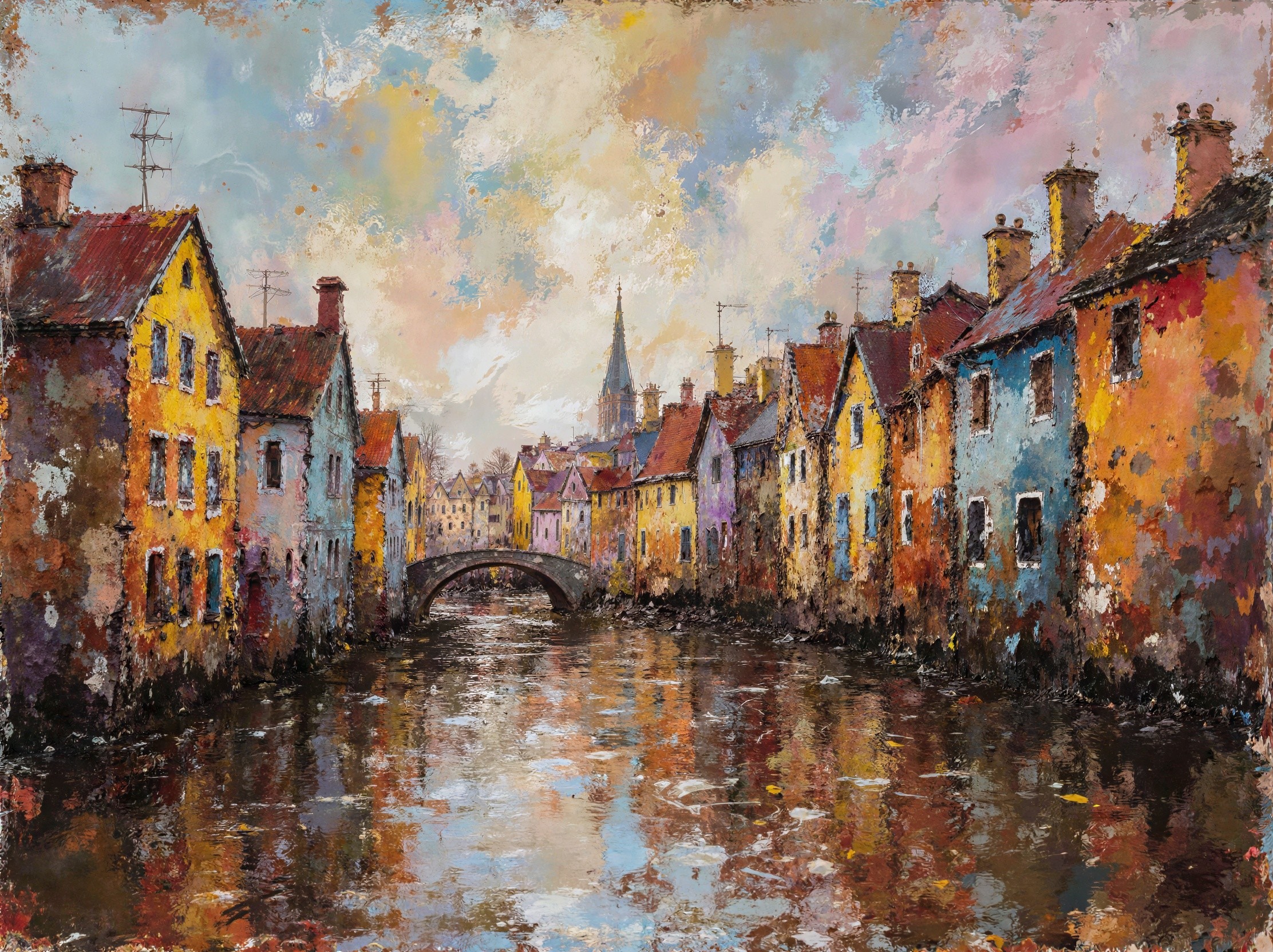Impressionistic Oil Painting of a Colorful Canal Scene