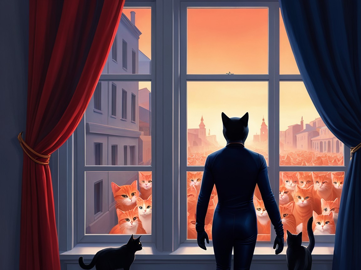 Black-clad figure views surreal scene of orange cats