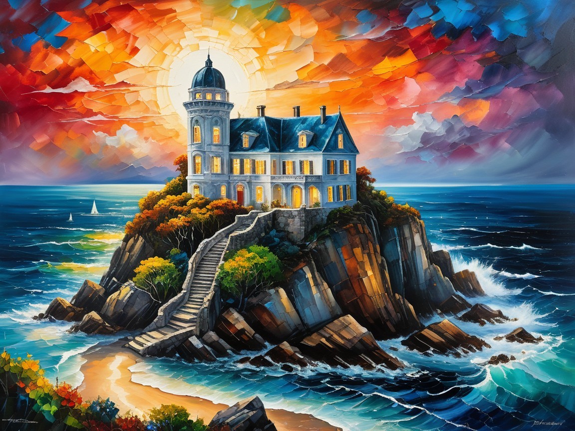 Vibrant Lighthouse Painting with Sunset and Waves