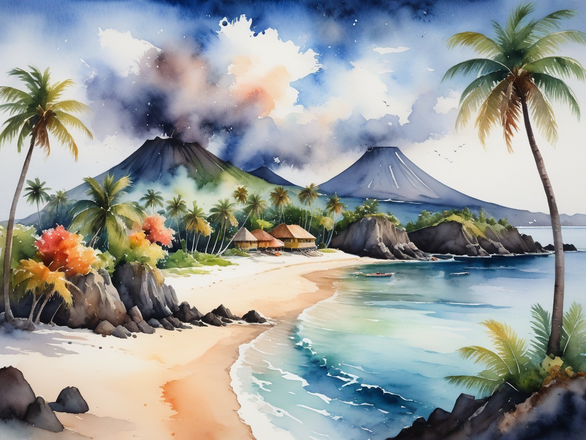 Tropical Landscape with Volcanoes and Sandy Beach