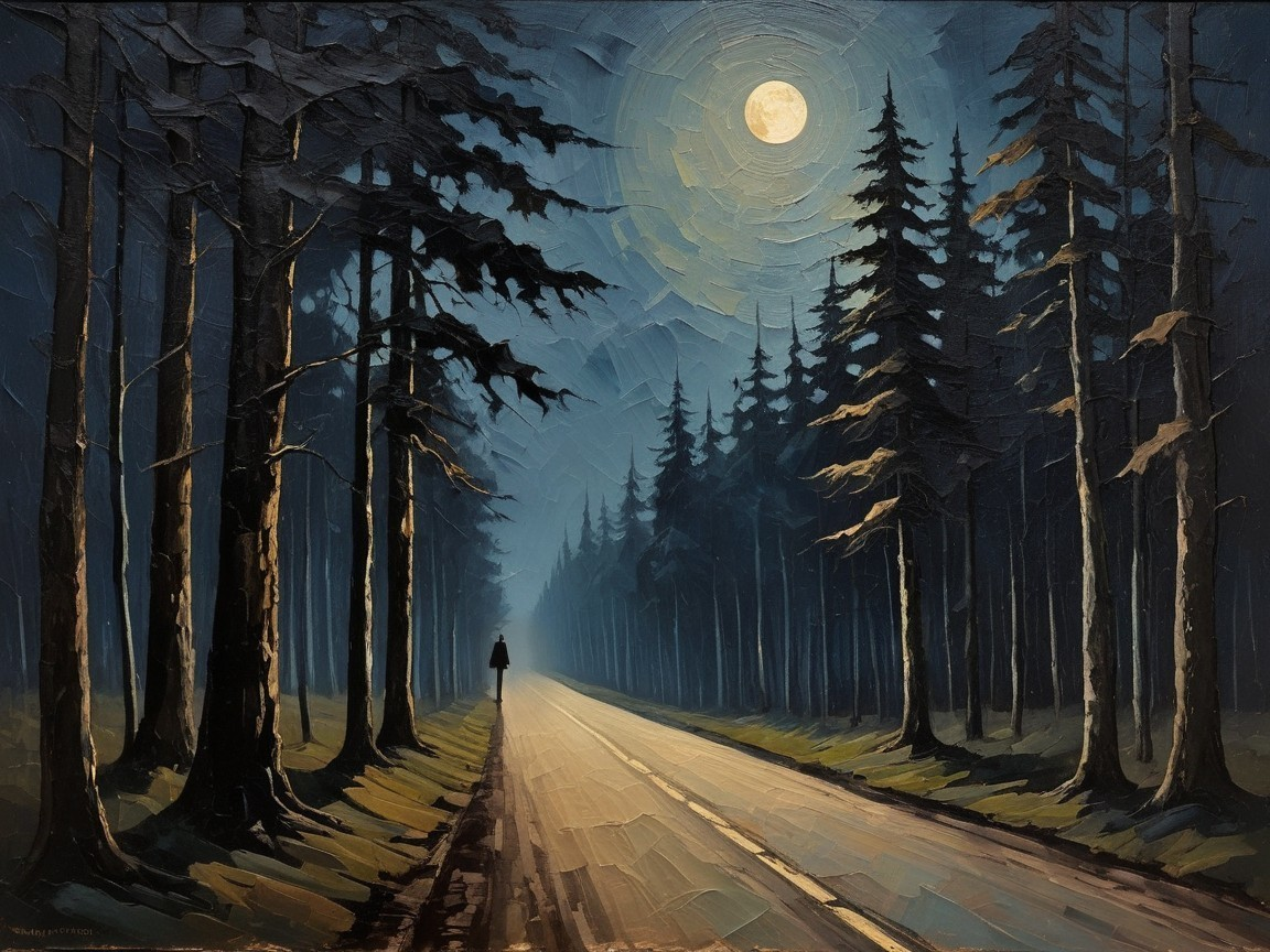 Winding Road Through Misty Forest Under Full Moon