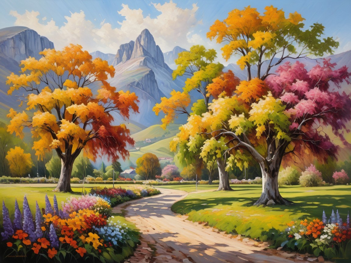 Vibrant Autumn Landscape with Winding Pathway and Mountains