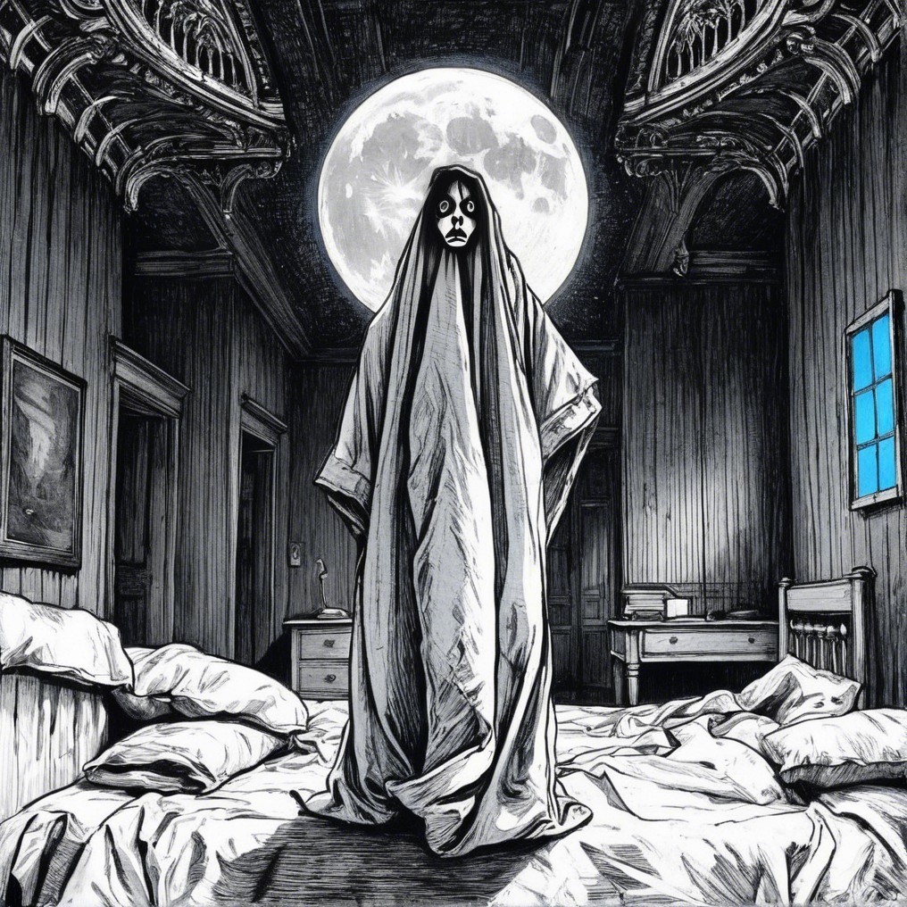 Ghostly Figure in Eerie Bedroom with Moonlit Shadows