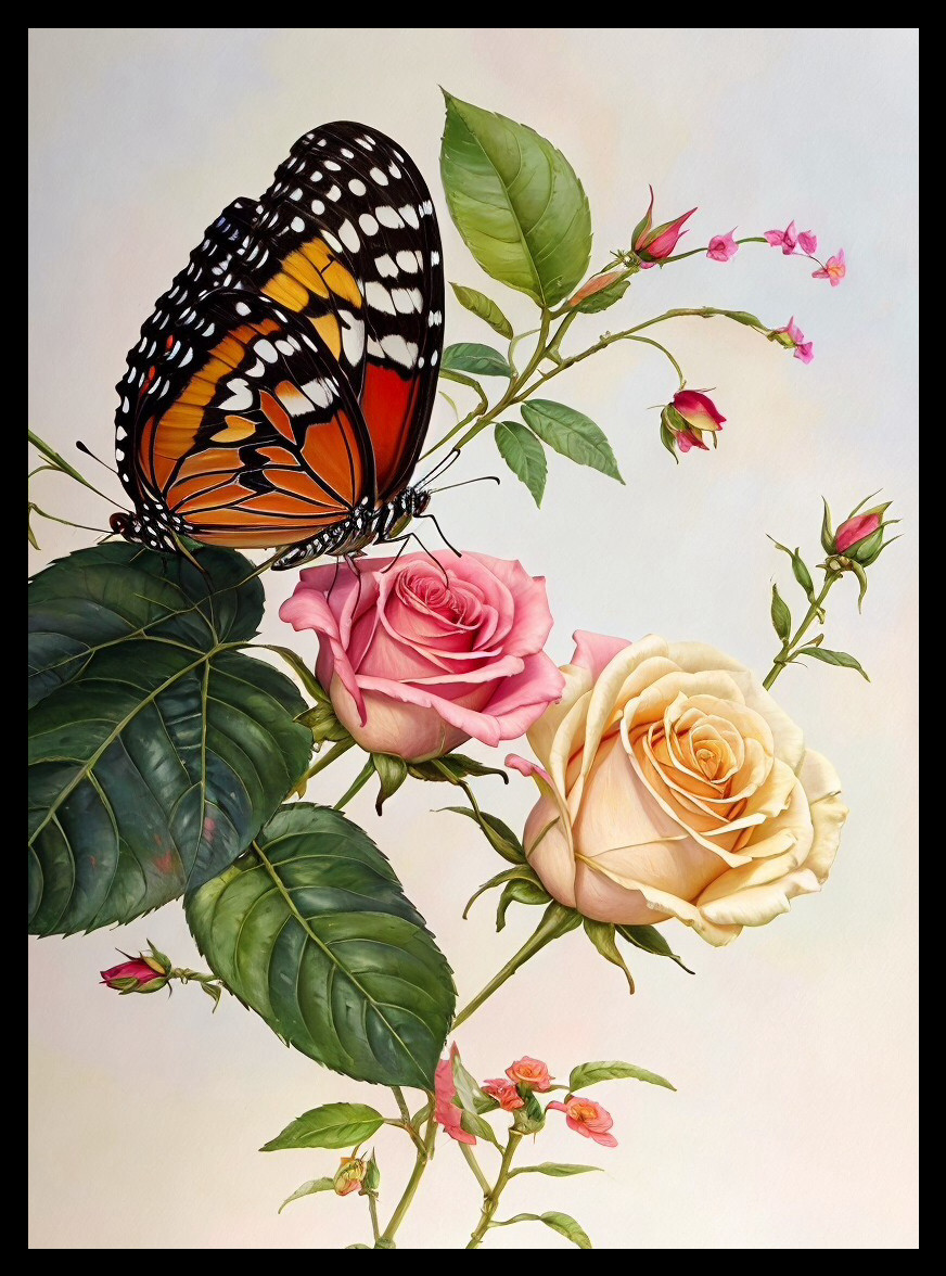 Vibrant Butterfly on Elegant Roses with Green Leaves