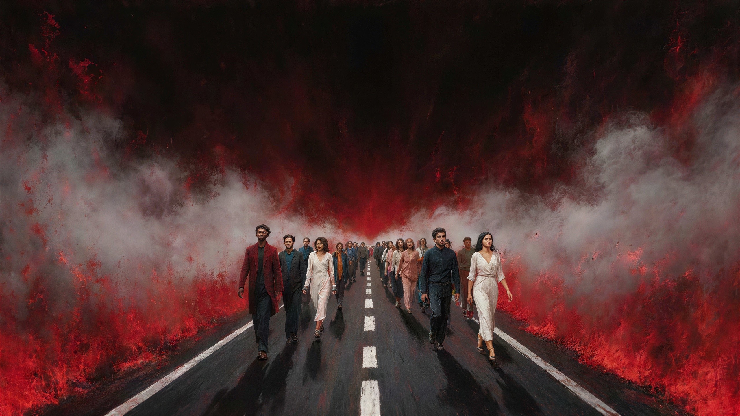 Diverse Group Walking on Wet Road Surrounded by Fire