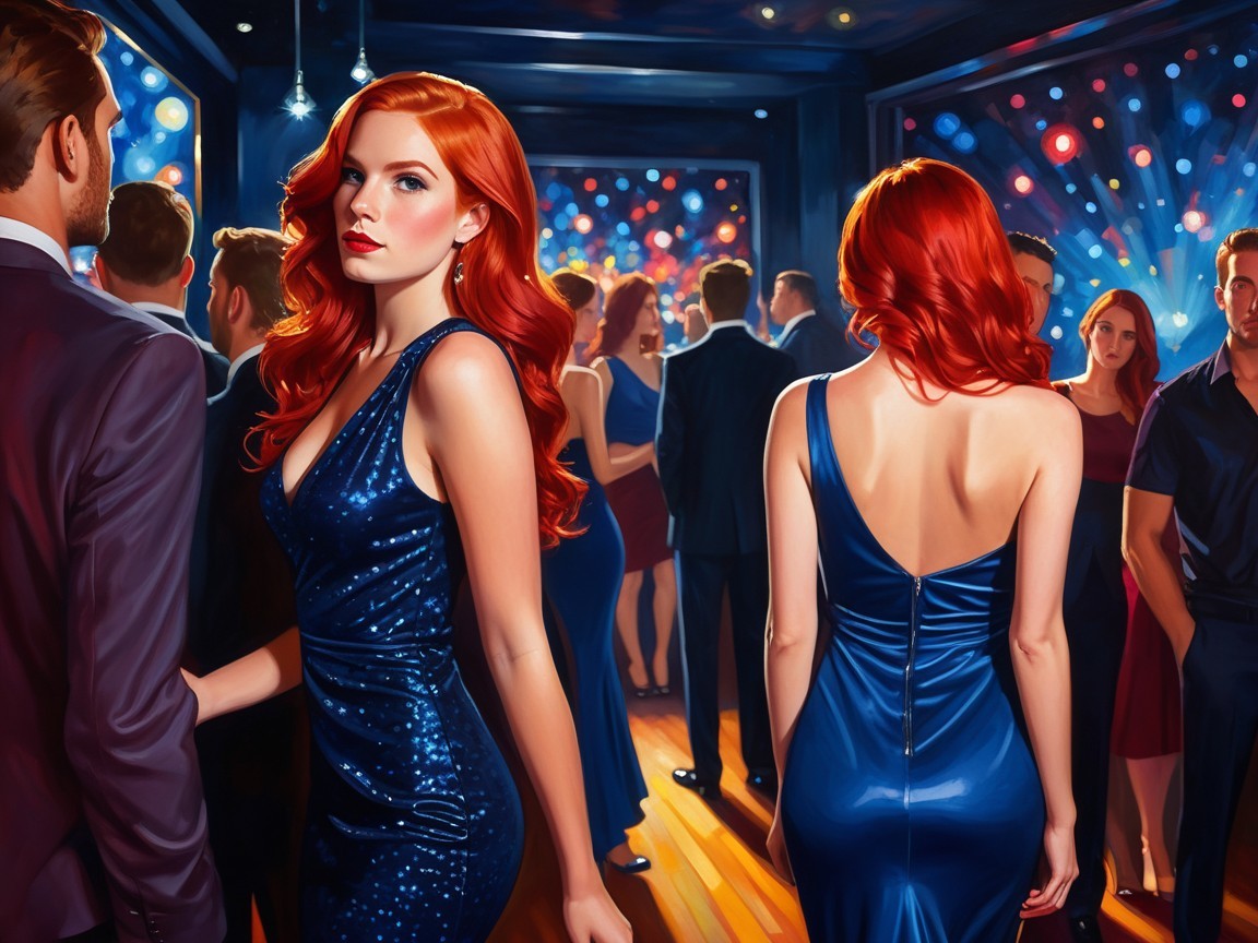 Vibrant Party Scene with Striking Woman in Blue Dress