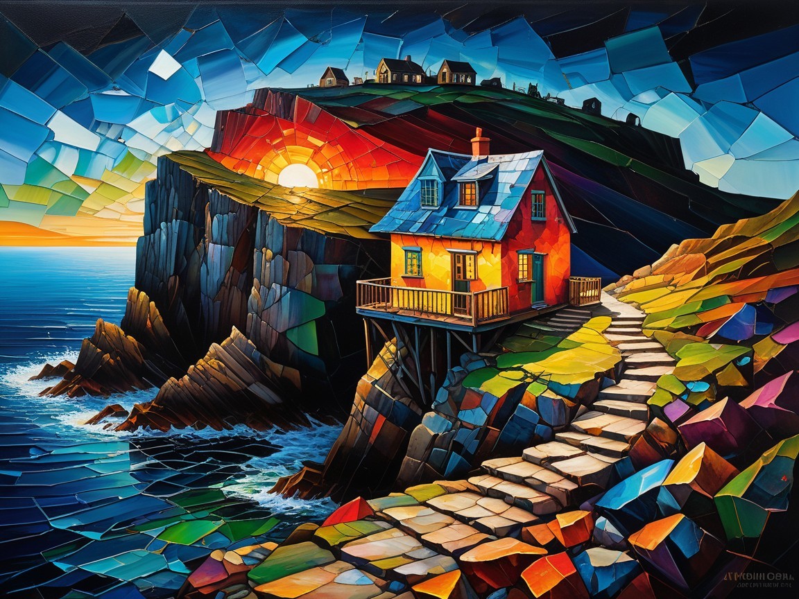 Colorful Cottage Overlooking Ocean at Sunset