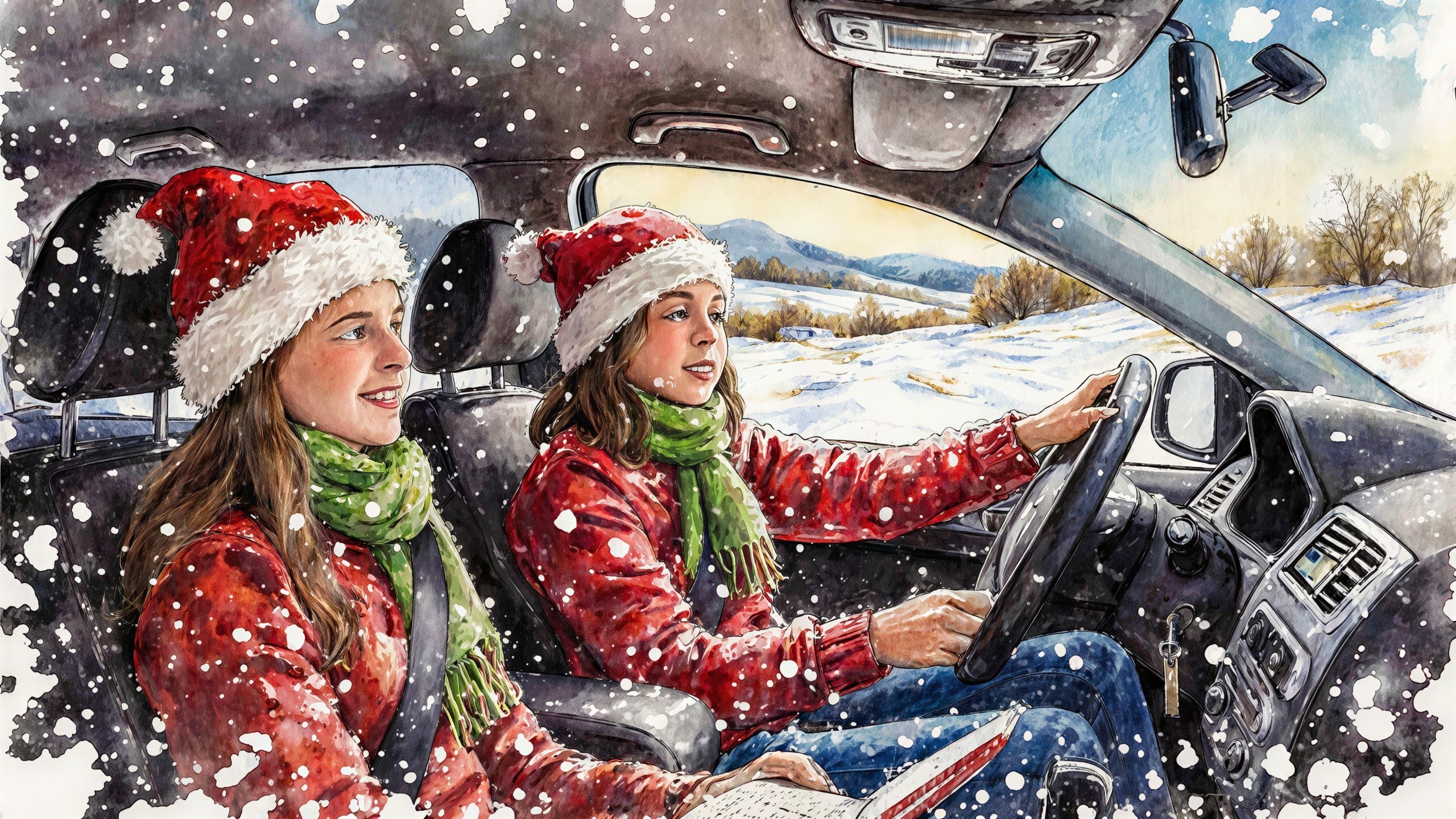 Watercolor Illustration of Two Girls in Winter Car Scene