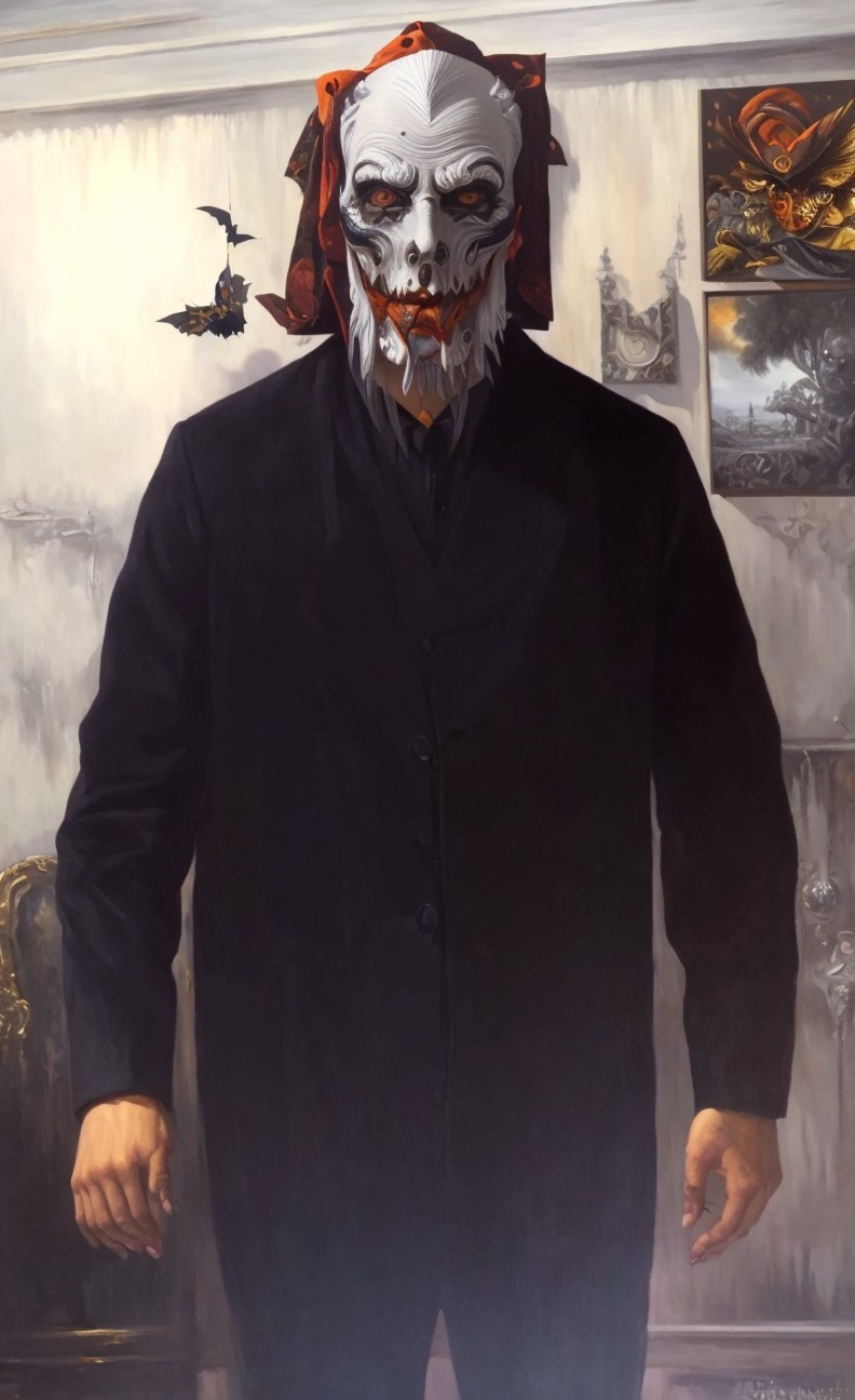 Tall figure in dark coat with skull mask and scarf