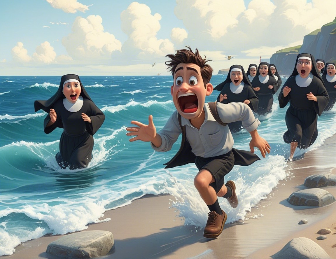 Cartoon Scene of Young Man Chased by Nuns on Beach
