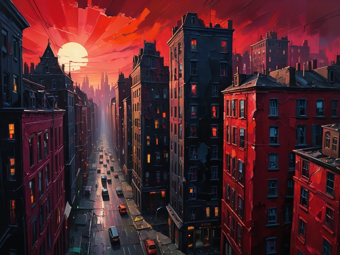 Vibrant City Skyline at Sunset with Dramatic Atmosphere