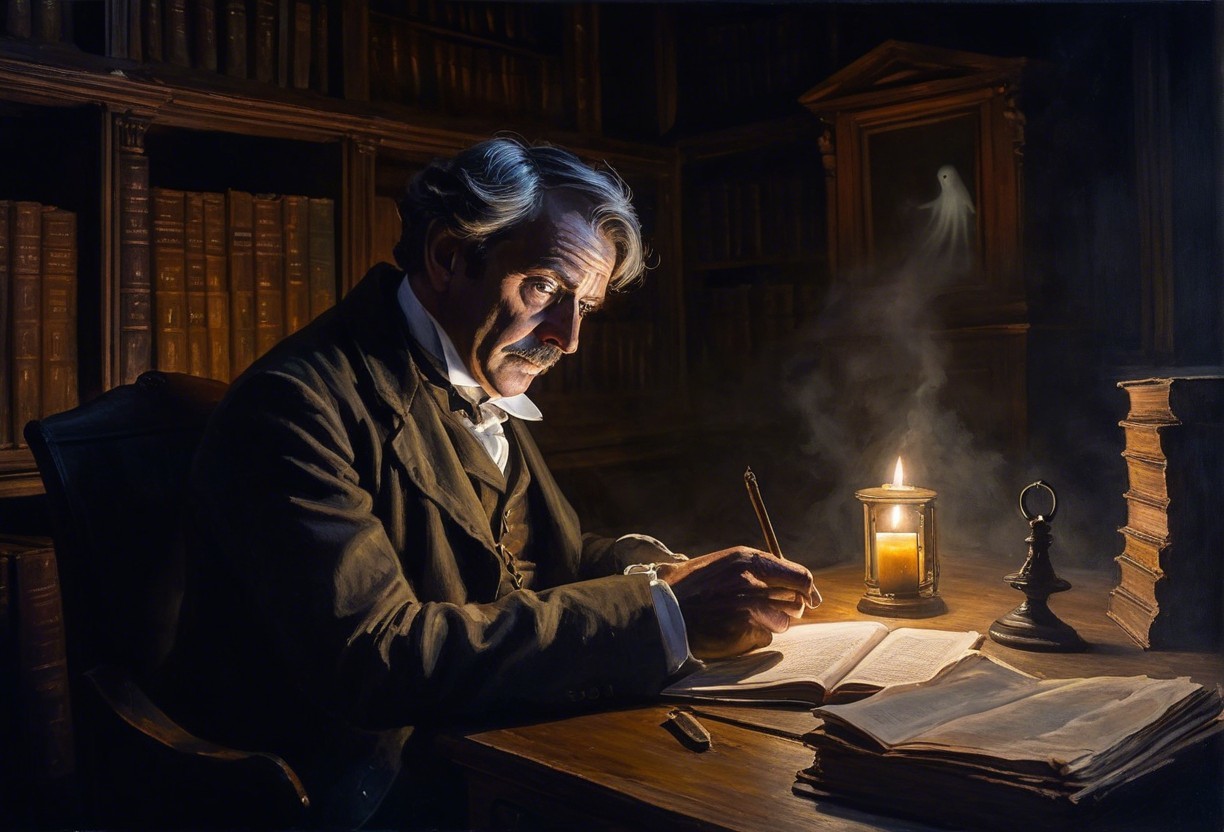 Scholar Writing at Wooden Desk with Ethereal Figure