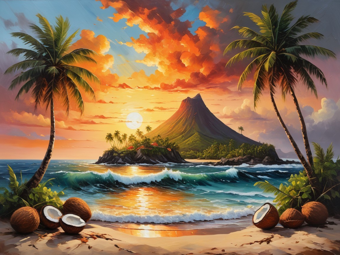 Tropical Sunset with Volcano and Sandy Shoreline