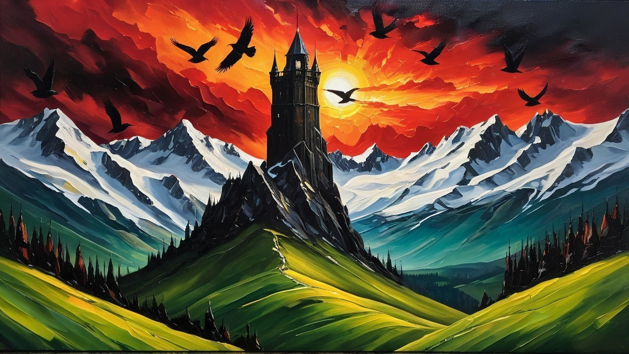 Dramatic Landscape with Castle and Sunset Sky
