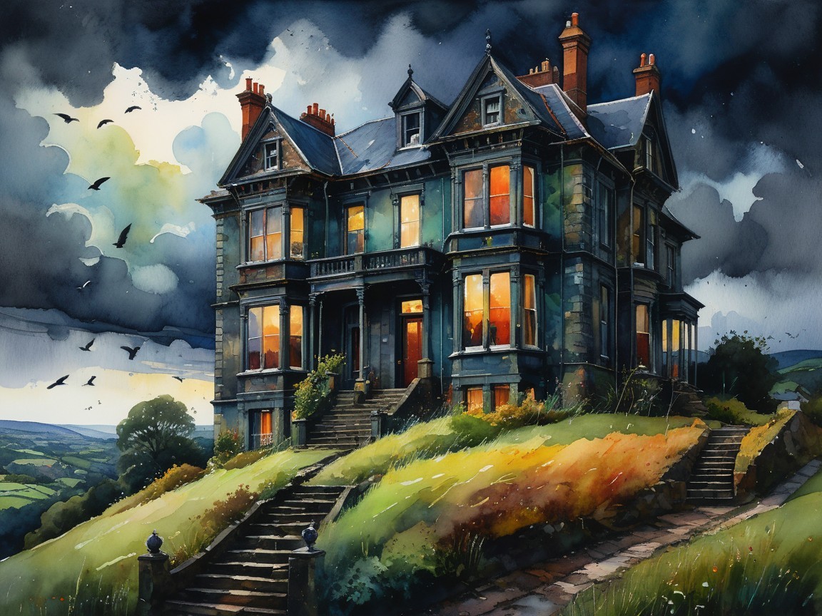 Victorian Mansion on a Hill with Dramatic Sky