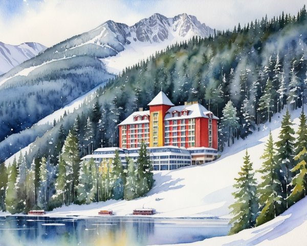 Winter Landscape with Cozy Hotel in Snowy Mountains