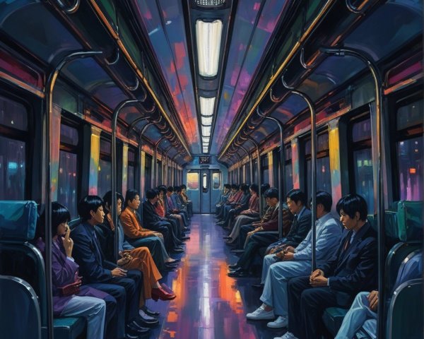 Subway Train Interior at Night with Colorful Lights