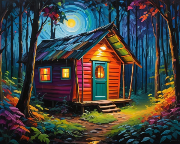 Whimsical Cabin in a Colorful Nighttime Forest