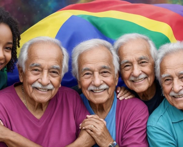 Older men with silver hair and a young woman with a rainbow flag