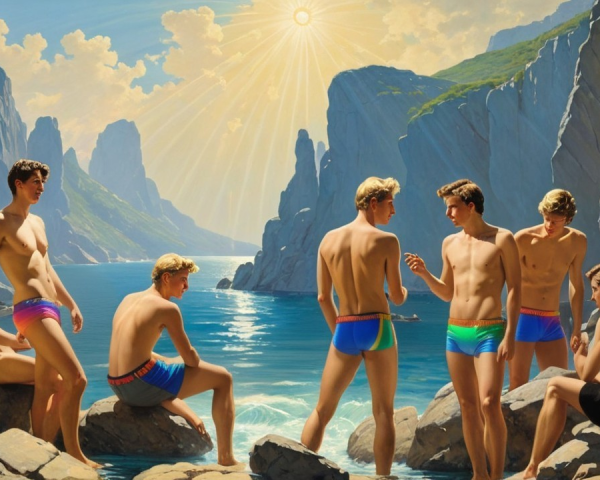 Young Men on Rocky Terrain by Clear Blue Sea