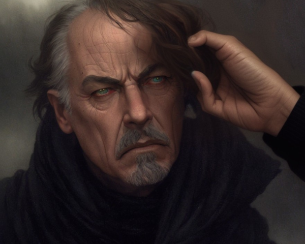 Middle-aged man with green eyes in stormy backdrop