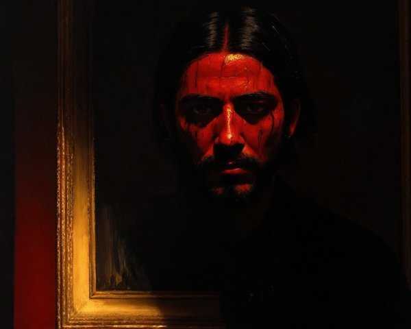 Dramatic Portrait of a Man with Red Paint and Shadows