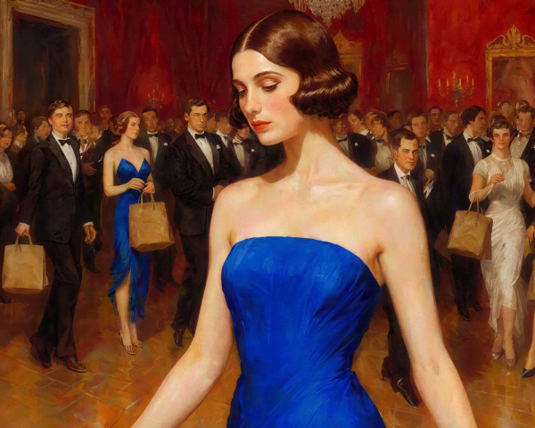 Grand ballroom scene with elegantly dressed figures