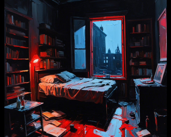 Dimly Lit Bedroom with Cityscape and Bookshelves