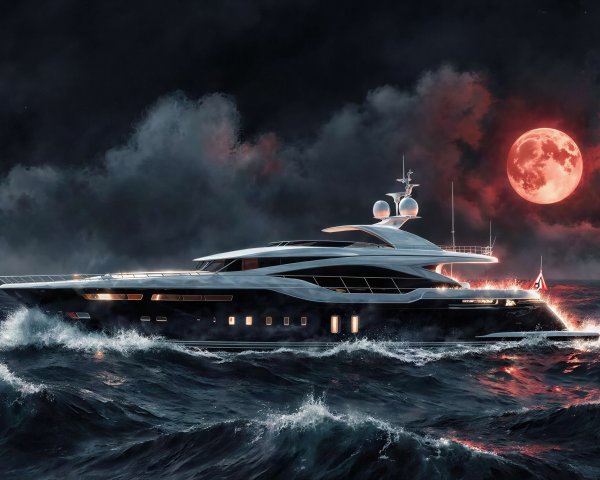 Luxurious Yacht Navigating Stormy Seas Under Moonlight