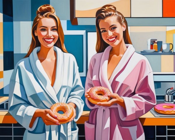 Smiling Women in Cozy Bathrobes with Colorful Donuts