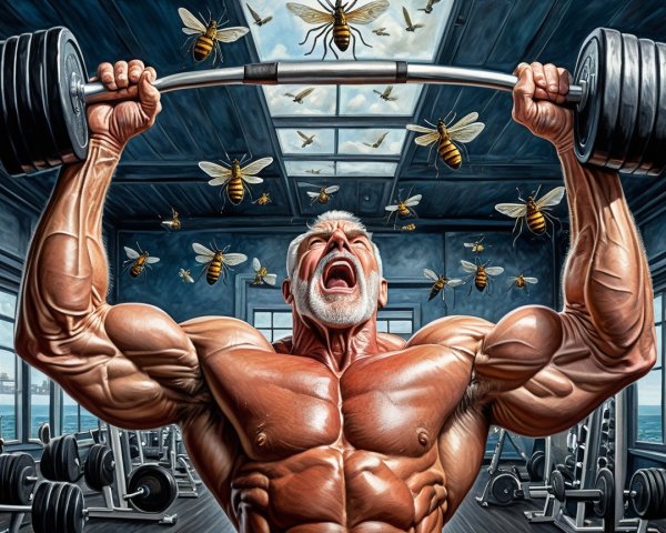 Muscled Man Lifts Weights Surrounded by Bees in Gym