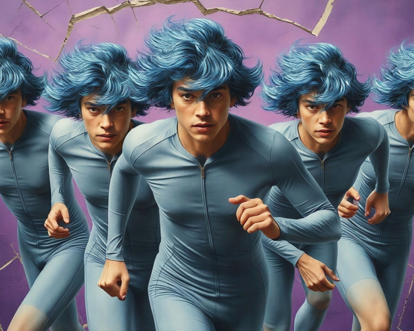 Youthful men with blue curly hair in zip-up outfits