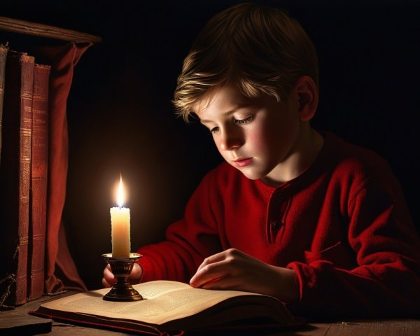 Young boy reading at a candlelit table with books