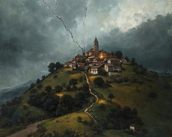Village on a Hill Under Stormy Skies and Lightning