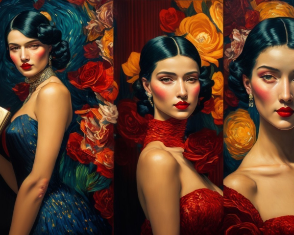 Elegant Women with Dramatic Makeup and Roses Backdrop