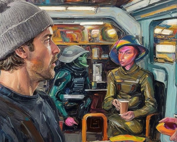 Impressionistic Oil Painting of a Space Cafe Scene