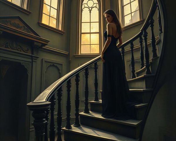 Female Model on Dark Wooden Spiral Staircase