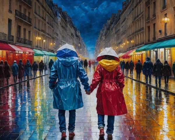 Rainy Paris Street Scene with Colorful Raincoats