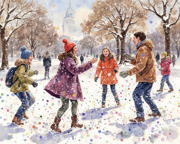 Winter Family Fun in a Snowy Park Scene