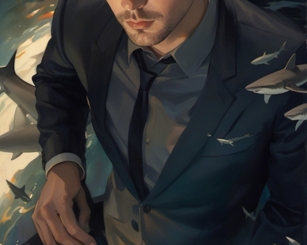 Digital Portrait of a Man Surrounded by Sharks