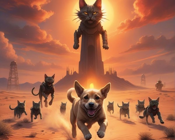 Surreal Desert with Dog and Feline Warriors Adventure