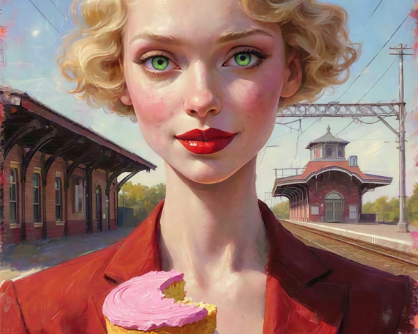 Portrait of a Woman at Train Station in Art Nouveau Style