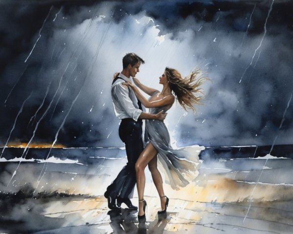 Couple Dancing in Rain Under Stormy Sky