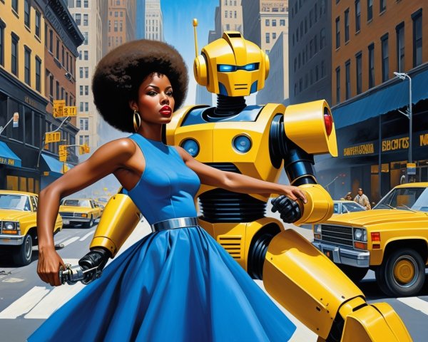 Stylish Woman and Robot in Vibrant Urban Scene