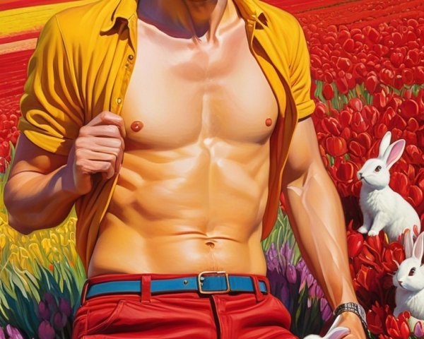 Man in Red Shorts Surrounded by Tulip Fields and Rabbit