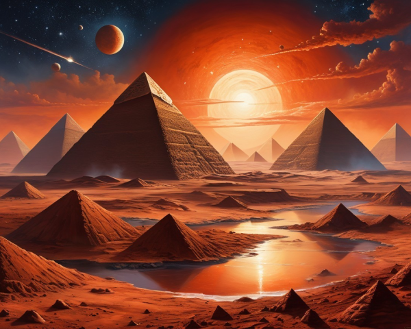 Surreal Desert Landscape with Pyramids and Sunset