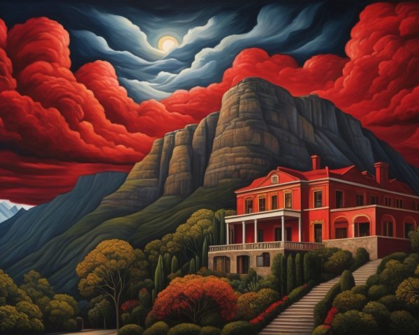 Dramatic Landscape with Red Sky and Grand Mansion