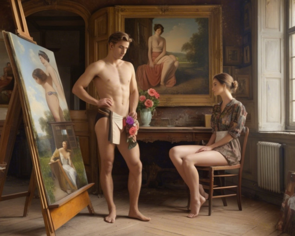 Male Model with Canvas in Sunlit Artist's Studio