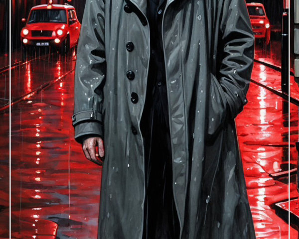 Stylish figure in trench coat on rain-soaked street