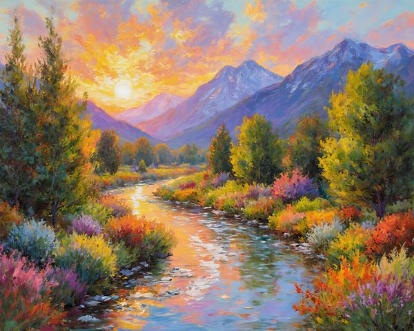 Vibrant Sunset Over Mountains and Winding River